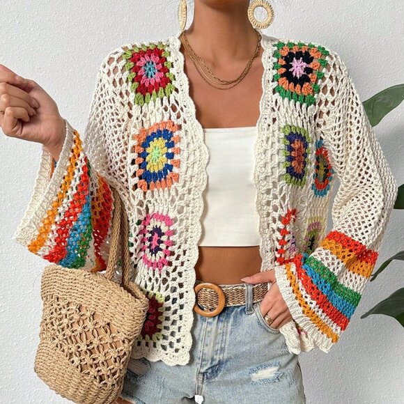 Multicolor Casual Womens Braided Hollow Out Holiday Long Sleeve Open Cardigan - Picture 5 of 6